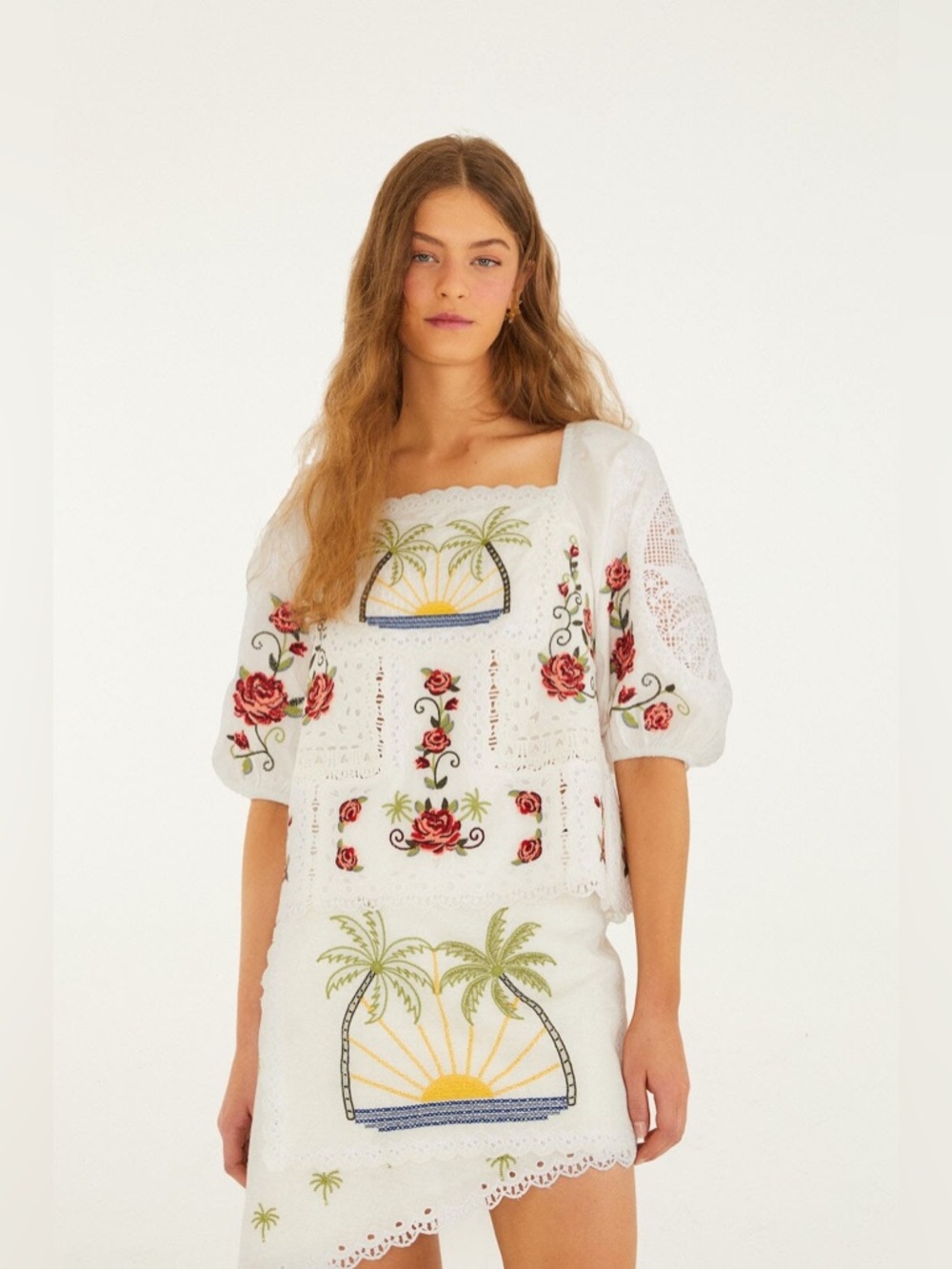 FARM RIO Off-White Tropi Scarf Embroidered Organic Cotton Blouse